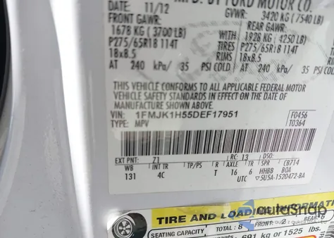 2013 Ford Expedition El Xlt from USA, damaged, VIN 1FMJK1H55DEF17951